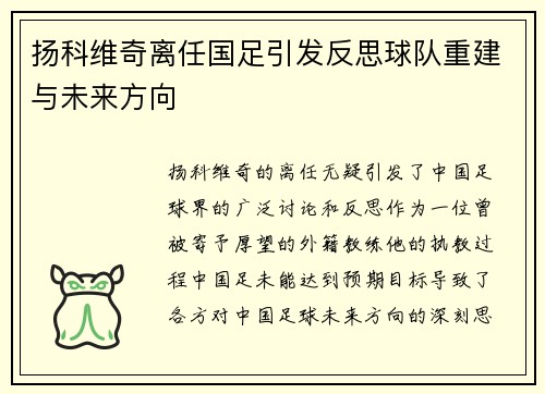 扬科维奇离任国足引发反思球队重建与未来方向