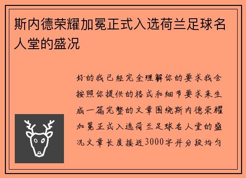 斯内德荣耀加冕正式入选荷兰足球名人堂的盛况